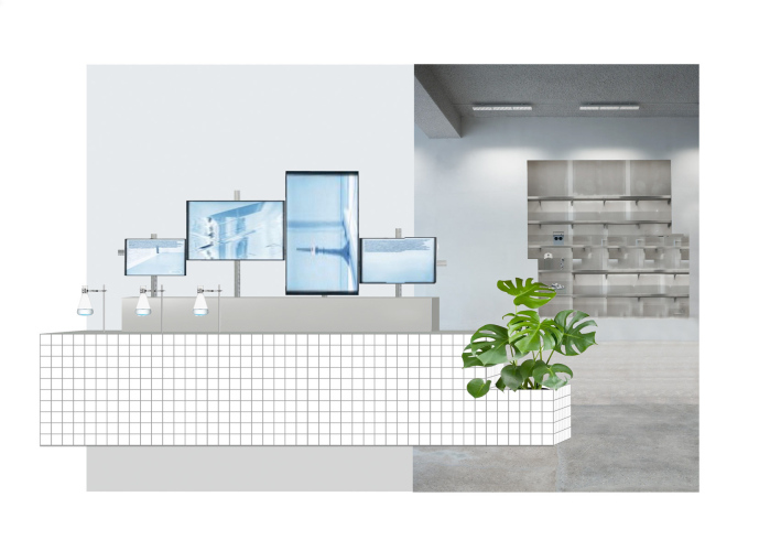 Steffi Bühlmaier Set Design. Design drawing of a tiled counter for skincare brand The Ordinary’s temporary showroom at the Highsnobiety Store in Berlin.