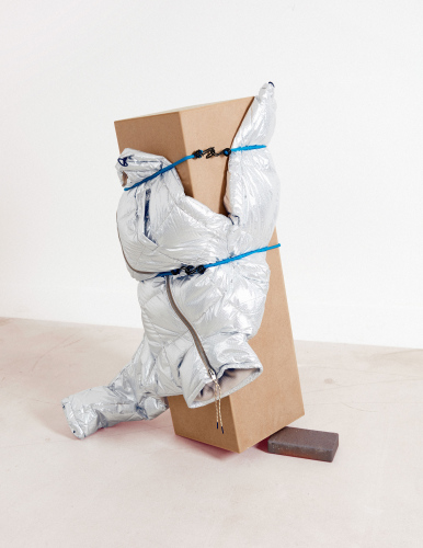 Steffi Bühlmaier Set Design.  steffibuehlmaier - fashion editorial - sculptural art - silver jacket wrapped around a plinth - Jessica Grossmann