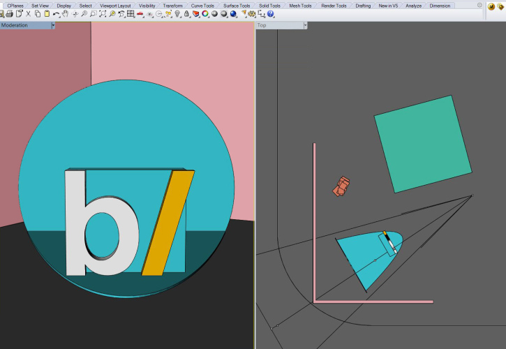 Steffi Bühlmaier Set Design. drawing of a TV show set in film studio 
with pink walls and a blue dot, food icons - besseresser - ZDF - - set 
design - steffi bühlmaier steffibuehlmaier