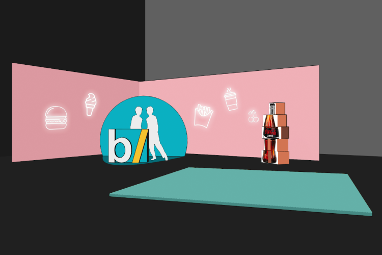 Steffi Bühlmaier Set Design. drawing of a TV show set in film studio with pink walls and a blue dot, food icons - besseresser - ZDF - - set design - steffi bühlmaier steffibuehlmaier